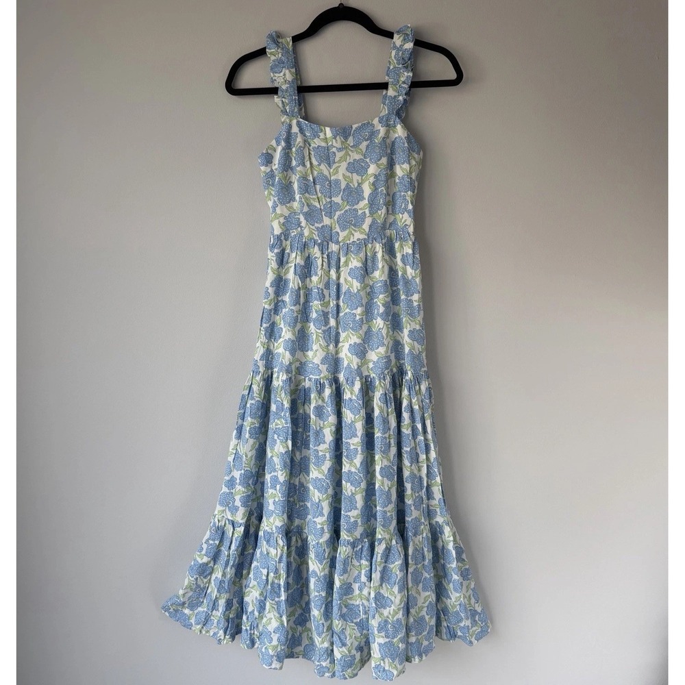 Haute Hippie Maxi Dress Boho Cottagecore Prairie Sundress Smocked Tiered Blue XS